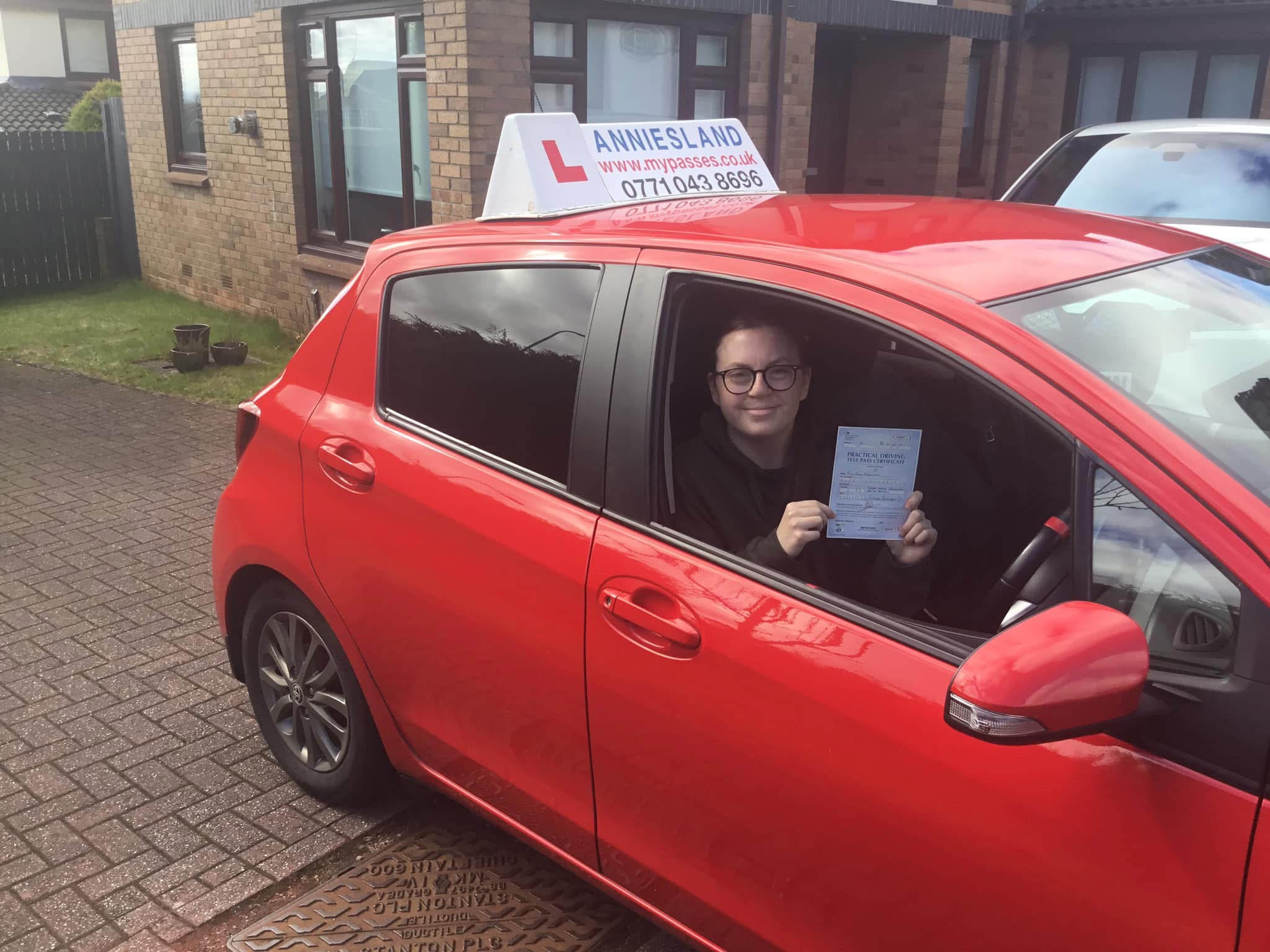 Erin Morrison successfully passed their driving test with Anniesland Driving School
